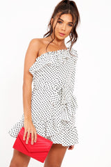 White and Black Polka Dot One Shoulder Frill Dress - Zyann-Dresses