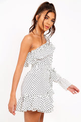 White and Black Polka Dot One Shoulder Frill Dress - Zyann-Dresses