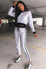 White and Black Side Stripe Sweatshirt and Jogger Set - Miliany-Tracksuits