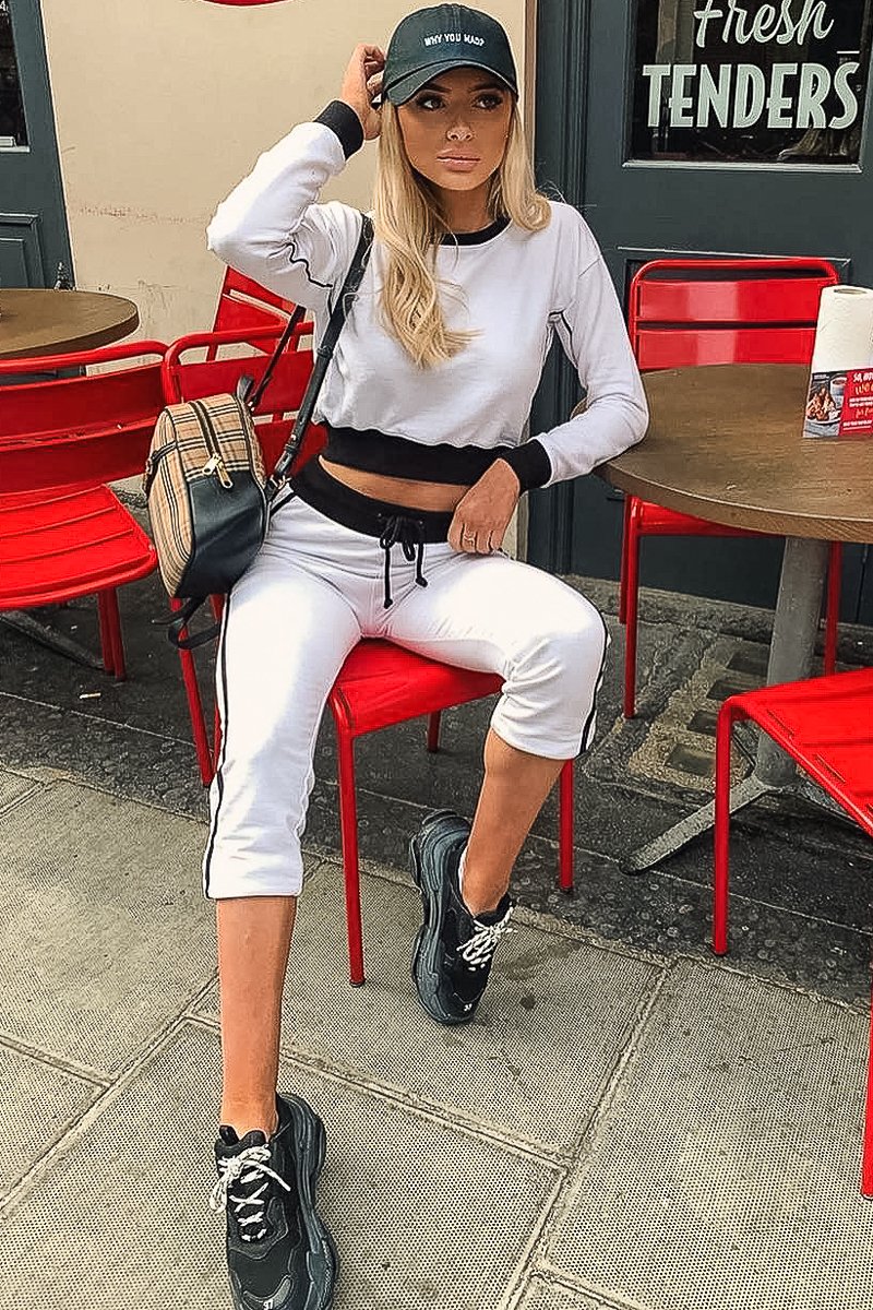 White and Black Side Stripe Sweatshirt and Jogger Set - Miliany-Tracksuits