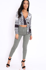 White and Black Slinky Wrap Tie Crop Top - Bleu-Tops