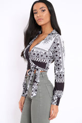 White and Black Slinky Wrap Tie Crop Top - Bleu-Tops