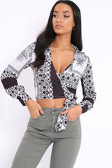 White and Black Slinky Wrap Tie Crop Top - Bleu-Tops