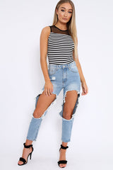 White and Black Stripe Mesh Detail Bodysuit - Lakendra-Bodysuits