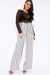 White and Black Stripe Paper Bag Tie Waist Wide Leg Trousers - Kennedy-Trousers