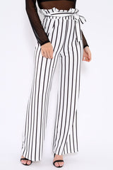 White and Black Stripe Paper Bag Tie Waist Wide Leg Trousers - Kennedy-Trousers