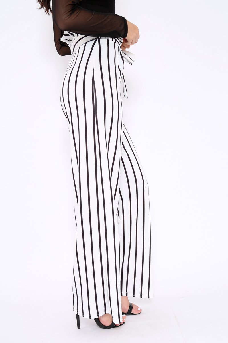 White and Black Stripe Paper Bag Tie Waist Wide Leg Trousers - Kennedy-Trousers