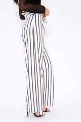 White and Black Stripe Paper Bag Tie Waist Wide Leg Trousers - Kennedy-Trousers