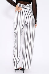 White and Black Stripe Paper Bag Tie Waist Wide Leg Trousers - Kennedy-Trousers