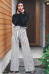 White and Black Stripe Paper Bag Tie Waist Wide Leg Trousers - Kennedy-Trousers