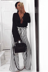 White and Black Stripe Paper Bag Tie Waist Wide Leg Trousers - Kennedy-Trousers