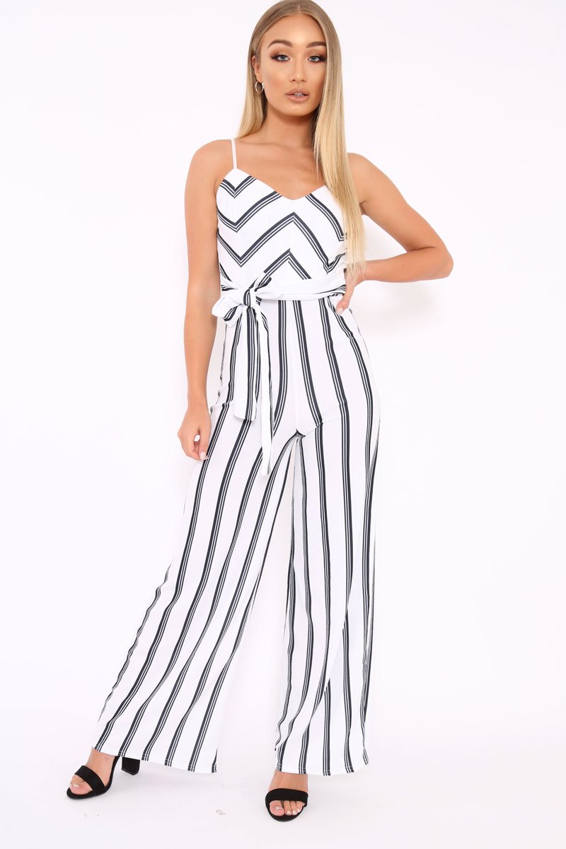 White and Black Stripe Plunge Tie Waist Jumpsuit - Tashi-Jumpsuits