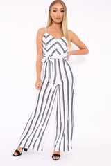 White and Black Stripe Plunge Tie Waist Jumpsuit - Tashi-Jumpsuits