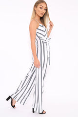 White and Black Stripe Plunge Tie Waist Jumpsuit - Tashi-Jumpsuits