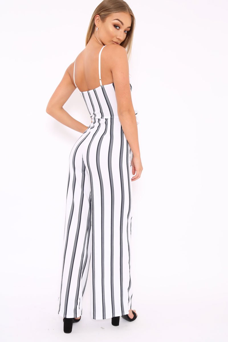 White and Black Stripe Plunge Tie Waist Jumpsuit - Tashi-Jumpsuits