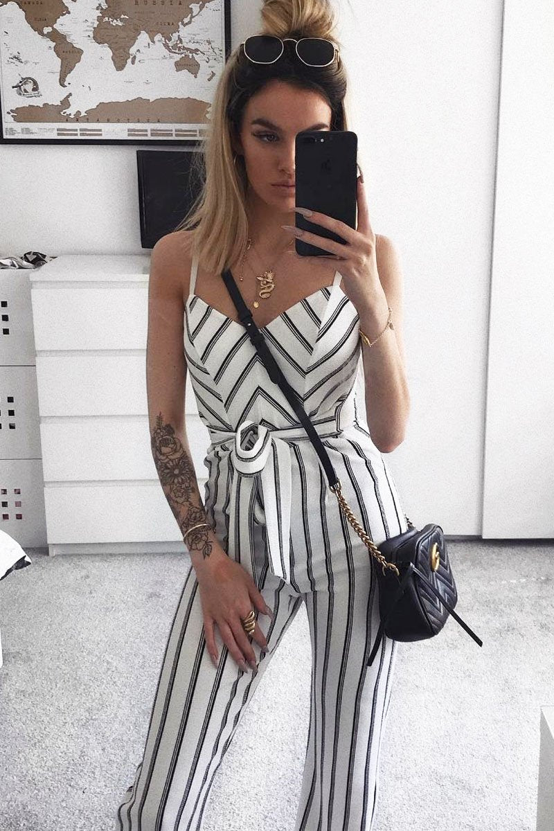 White and Black Stripe Plunge Tie Waist Jumpsuit - Tashi-Jumpsuits
