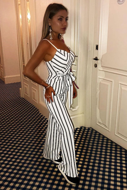 White and Black Stripe Plunge Tie Waist Jumpsuit - Tashi