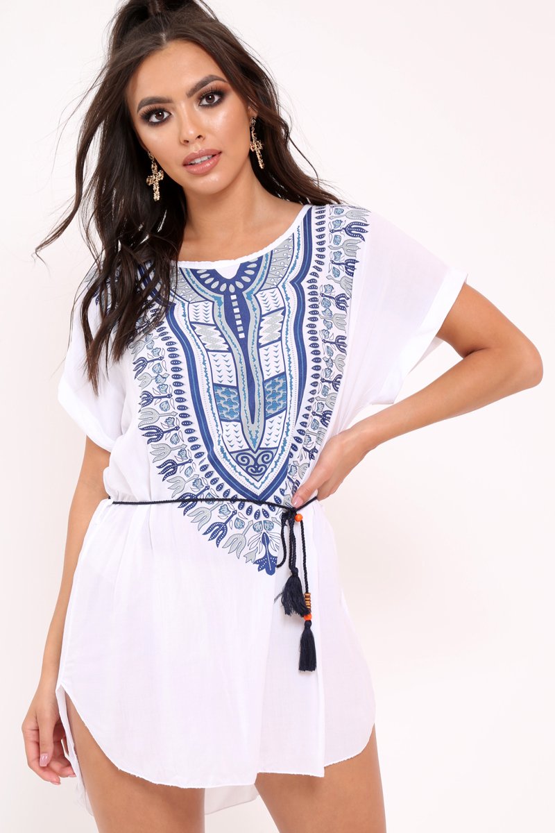 White and Blue Embroidery Dress - Cayley-Dresses