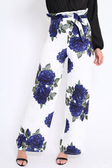 White and Blue Floral Paper Bag Tie Waist Wide Leg Trousers - Kennedy-Trousers