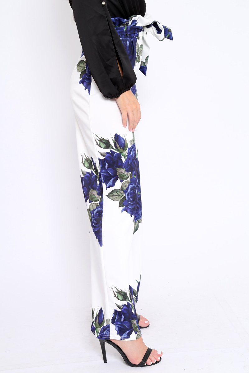White and Blue Floral Paper Bag Tie Waist Wide Leg Trousers - Kennedy-Trousers