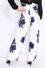 White and Blue Floral Paper Bag Tie Waist Wide Leg Trousers - Kennedy-Trousers
