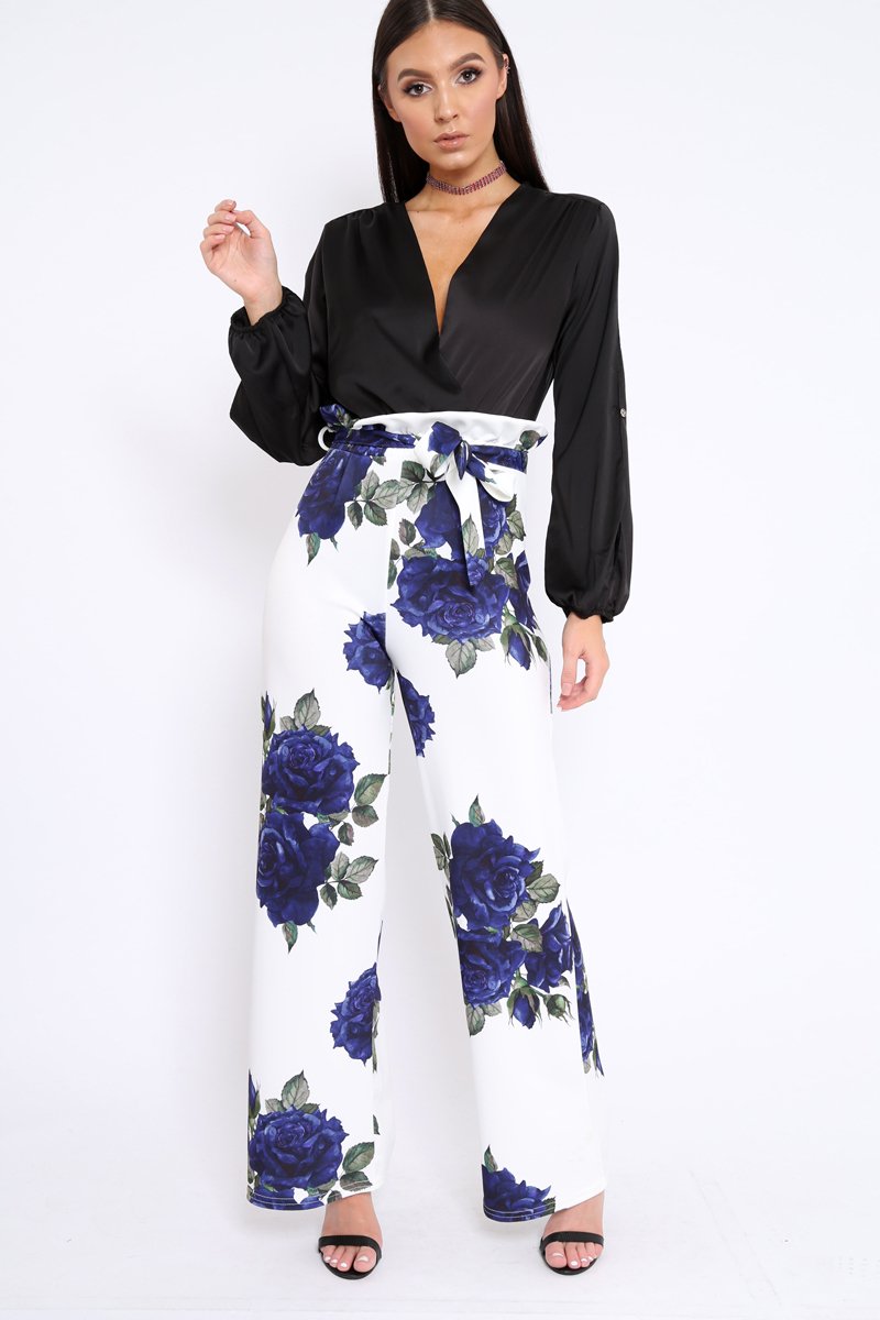 White and Blue Floral Paper Bag Tie Waist Wide Leg Trousers - Kennedy-Trousers