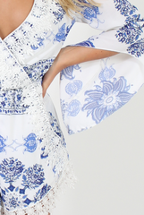 White and Blue Floral Pattern Playsuit - Cassandra-Playsuits