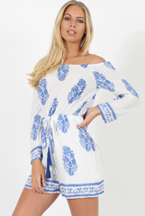 White and Blue Paisley Pattern Off Shoulder Playsuit - Siobhan-Playsuits