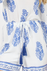 White and Blue Paisley Pattern Off Shoulder Playsuit - Siobhan-Playsuits