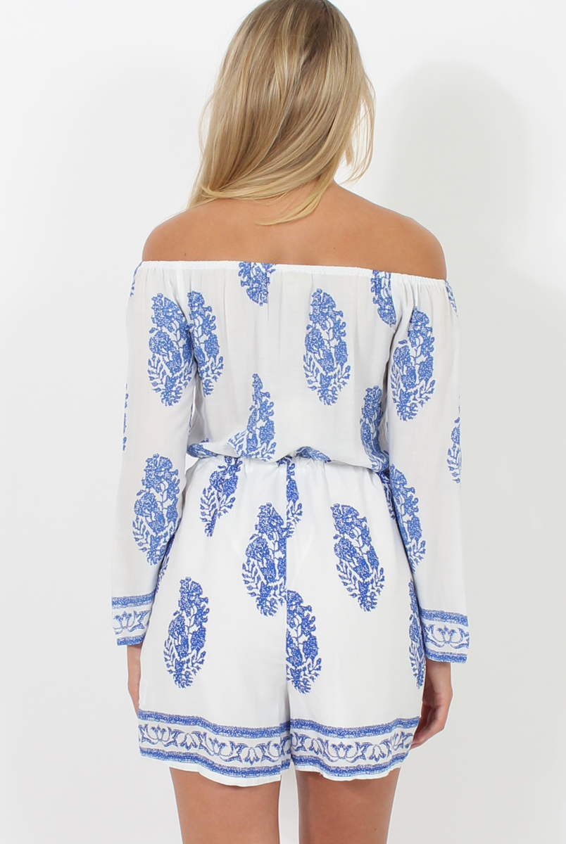 White and Blue Paisley Pattern Off Shoulder Playsuit - Siobhan-Playsuits