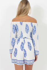 White and Blue Paisley Pattern Off Shoulder Playsuit - Siobhan-Playsuits