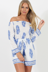 White and Blue Paisley Pattern Off Shoulder Playsuit - Siobhan-Playsuits