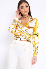 White and Gold Baroque Print Tie Front Crop Top - Aden-Tops