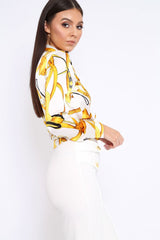 White and Gold Baroque Print Tie Front Crop Top - Aden-Tops
