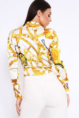 White and Gold Baroque Print Tie Front Crop Top - Aden-Tops