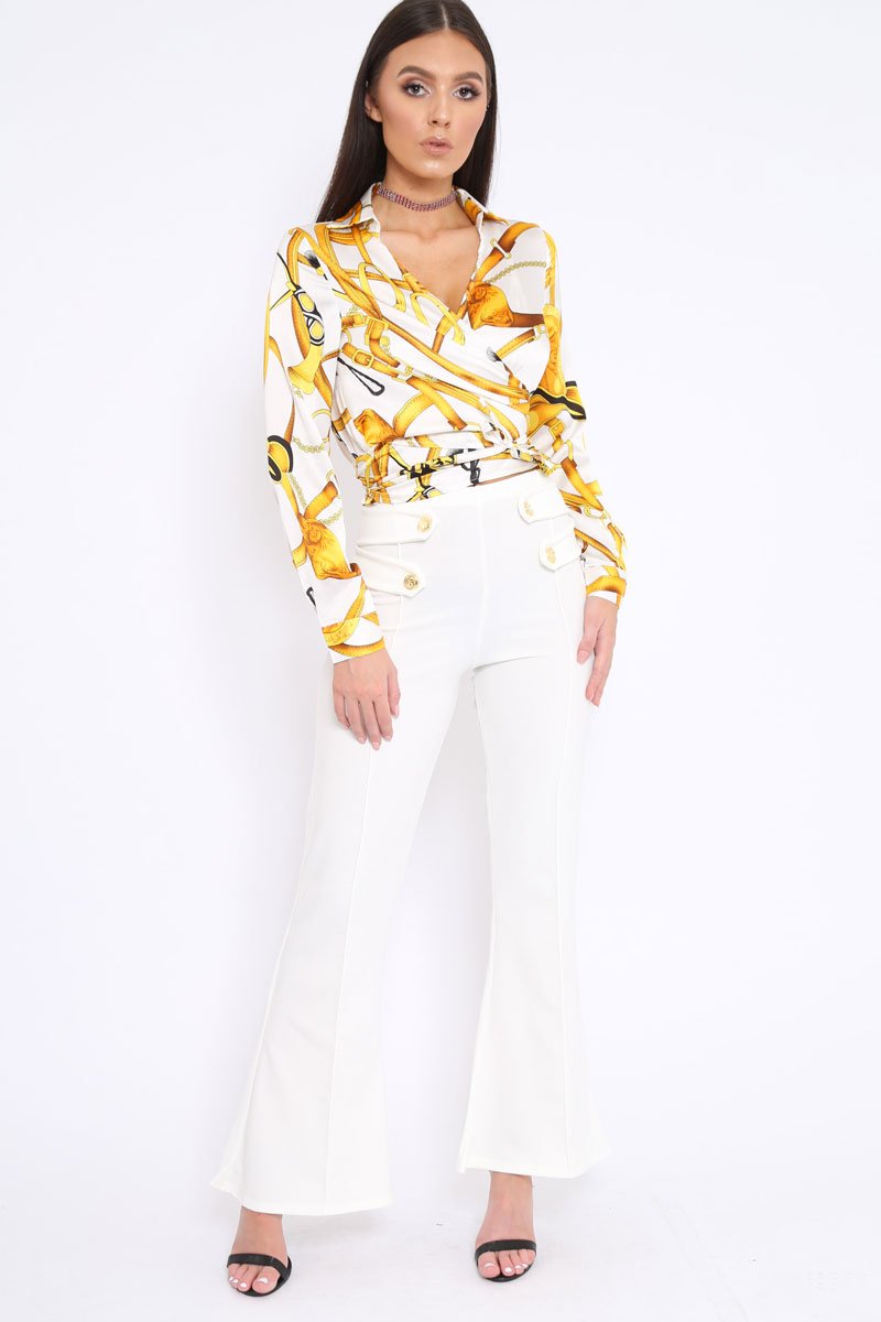 White and Gold Baroque Print Tie Front Crop Top - Aden-Tops