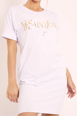 White and Gold Parisian Slogan T-shirt Dress - Claire-Dresses