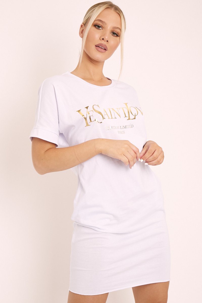 White and Gold Parisian Slogan T-shirt Dress - Claire-Dresses
