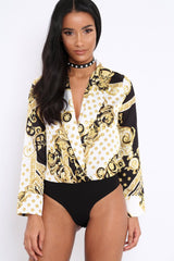 White and Gold Scarf Print Satin Plunge Bodysuit - Moniqua-Bodysuits