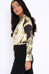 White and Gold Scarf Print Satin Plunge Bodysuit - Moniqua-Bodysuits
