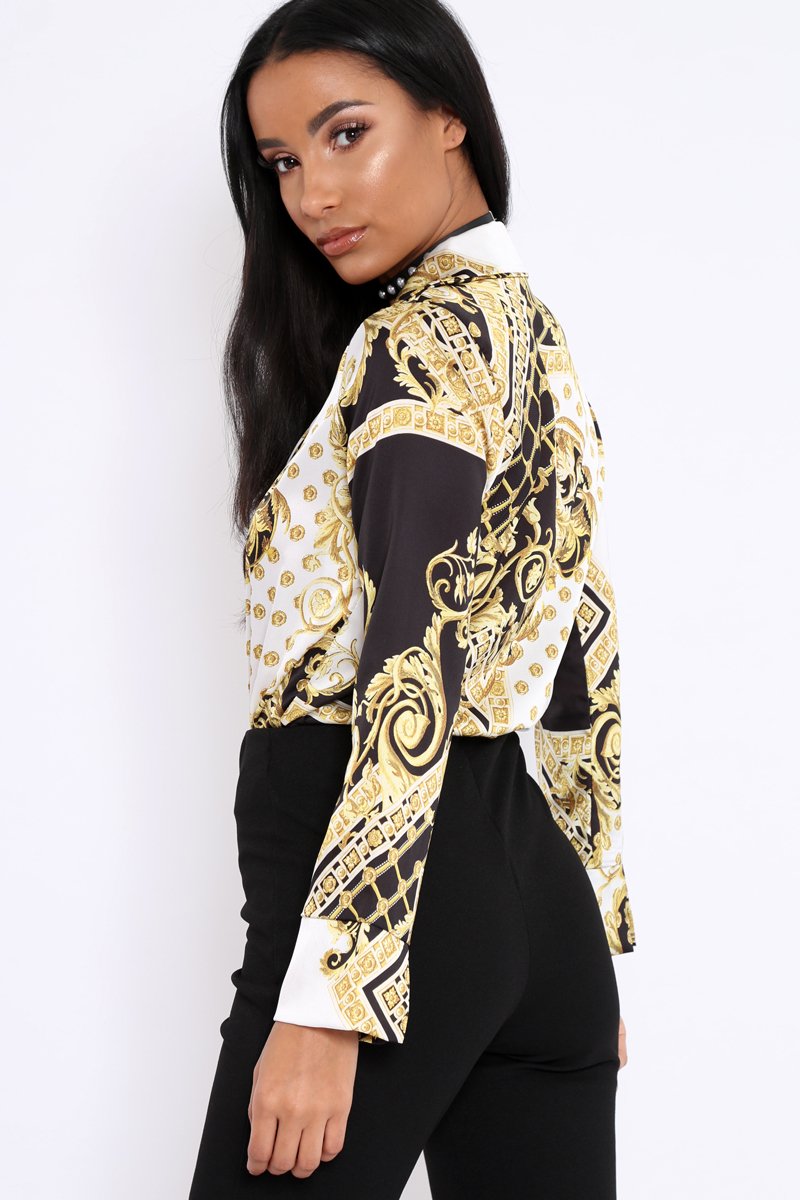 White and Gold Scarf Print Satin Plunge Bodysuit - Moniqua-Bodysuits
