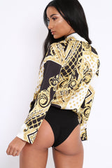 White and Gold Scarf Print Satin Plunge Bodysuit - Moniqua-Bodysuits