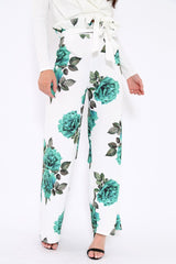 White and Green Floral Paper Bag Tie Waist Wide Leg Trousers - Kennedy-Trousers