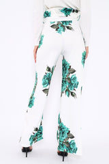 White and Green Floral Paper Bag Tie Waist Wide Leg Trousers - Kennedy-Trousers