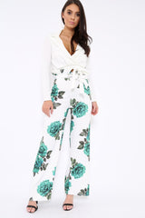 White and Green Floral Paper Bag Tie Waist Wide Leg Trousers - Kennedy-Trousers