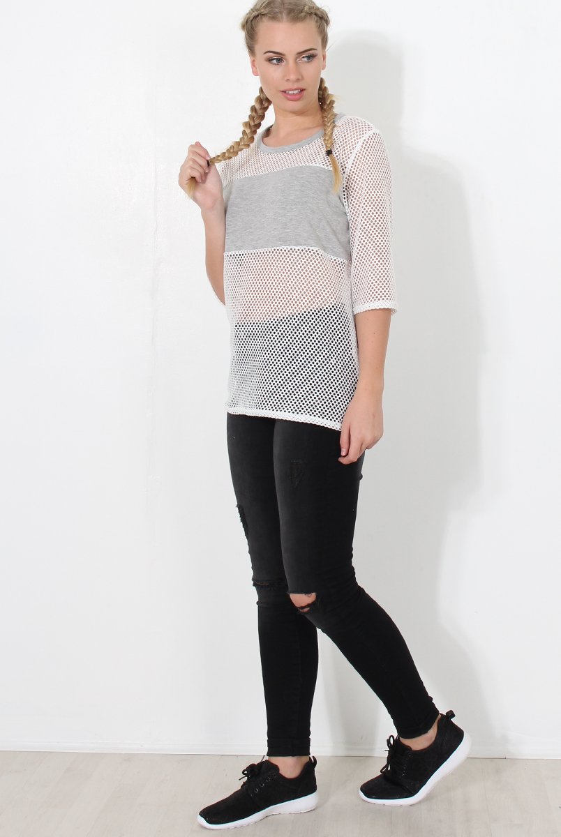 White and Grey Mesh Tee- Chana-T-shirt