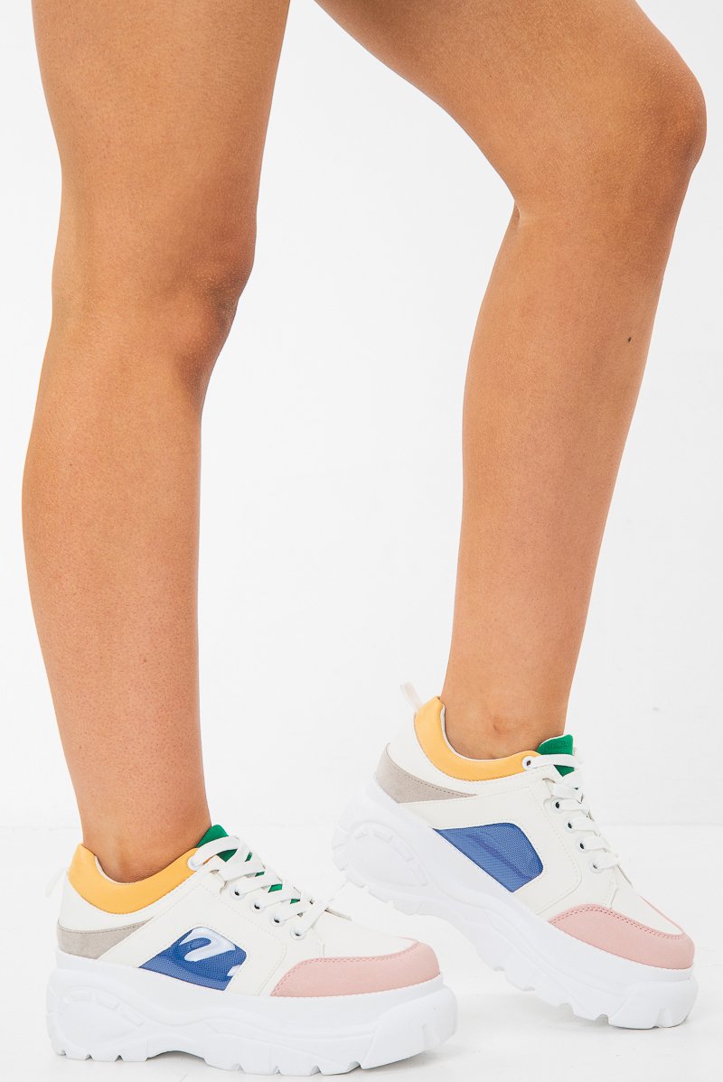 White and Multi Colourblock Chunky Sole Trainers - Layla-Trainers