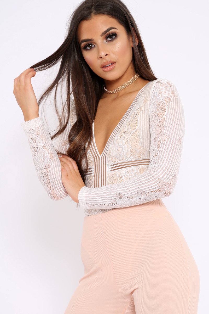 White and Nude Lace Long Sleeve Open Back Bodysuit - Ellice-Bodysuits