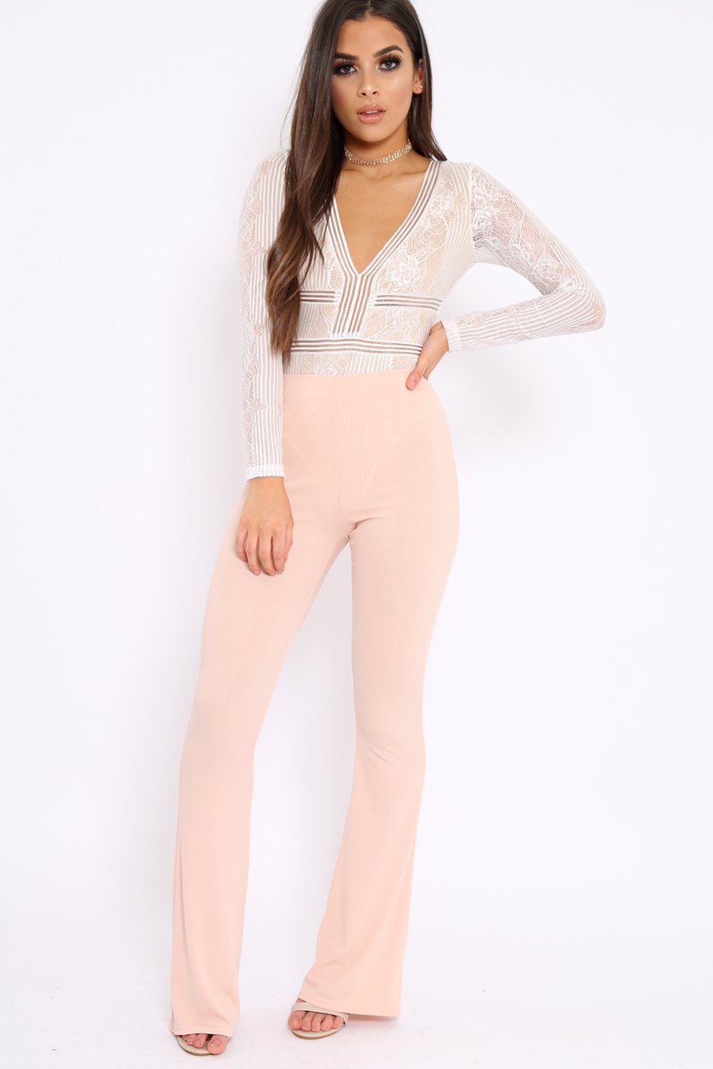 White and Nude Lace Long Sleeve Open Back Bodysuit - Ellice-Bodysuits
