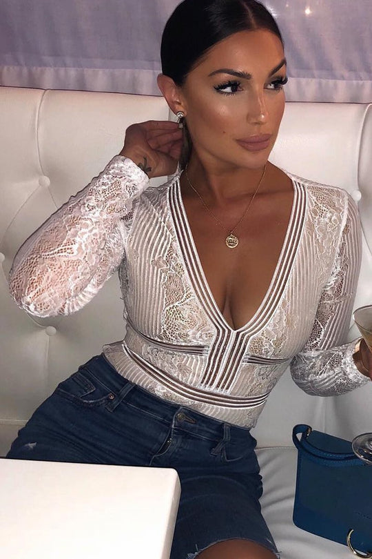 White and Nude Lace Long Sleeve Open Back Bodysuit - Ellice